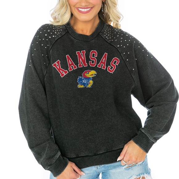 Kansas Jayhawks Gameday Couture Women's XL Studded Cropped Sweatshirt - Charcoal - Picture 1 of 8